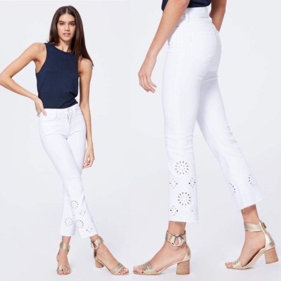PAIGE Denim - Women's White Vintage Colette Eyelet Raw Hem Flare